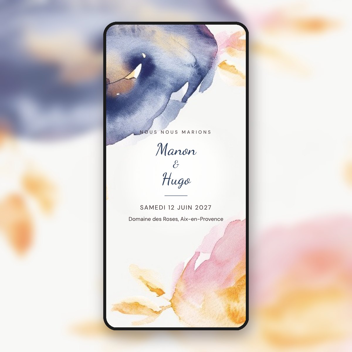 Faire-part de mariage animé Aquarelle indigo & rose