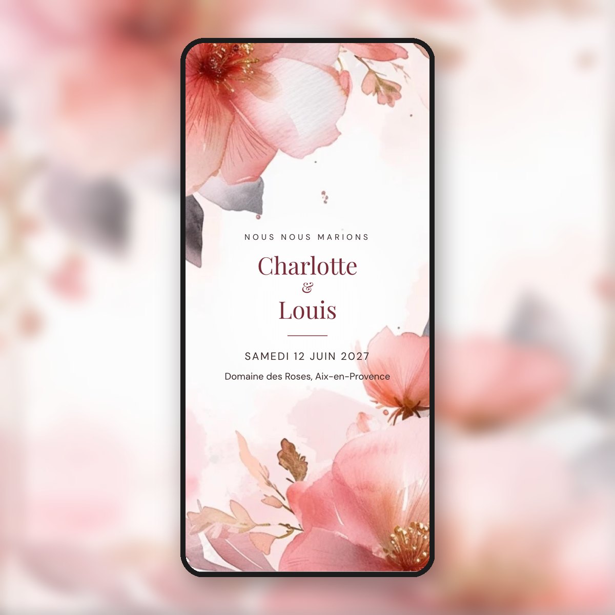 Faire-part de mariage animé Fleurs aquarelle & bordeaux