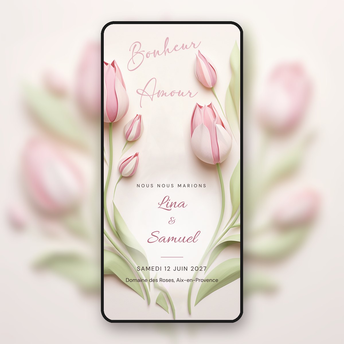 Faire-part de mariage animé « Bonheur, Amour », tulipes pastel