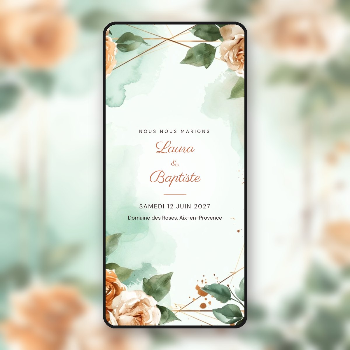 Faire-part de mariage animé champêtre Roses pêche & verdure