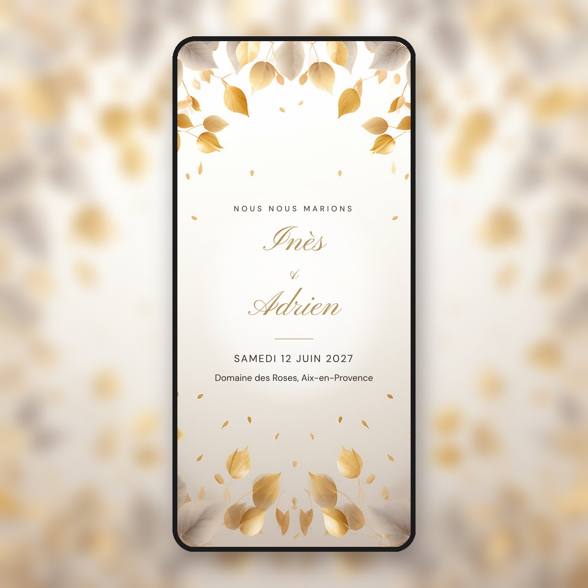 Faire-part de mariage animé Feuilles d'or & calligraphie