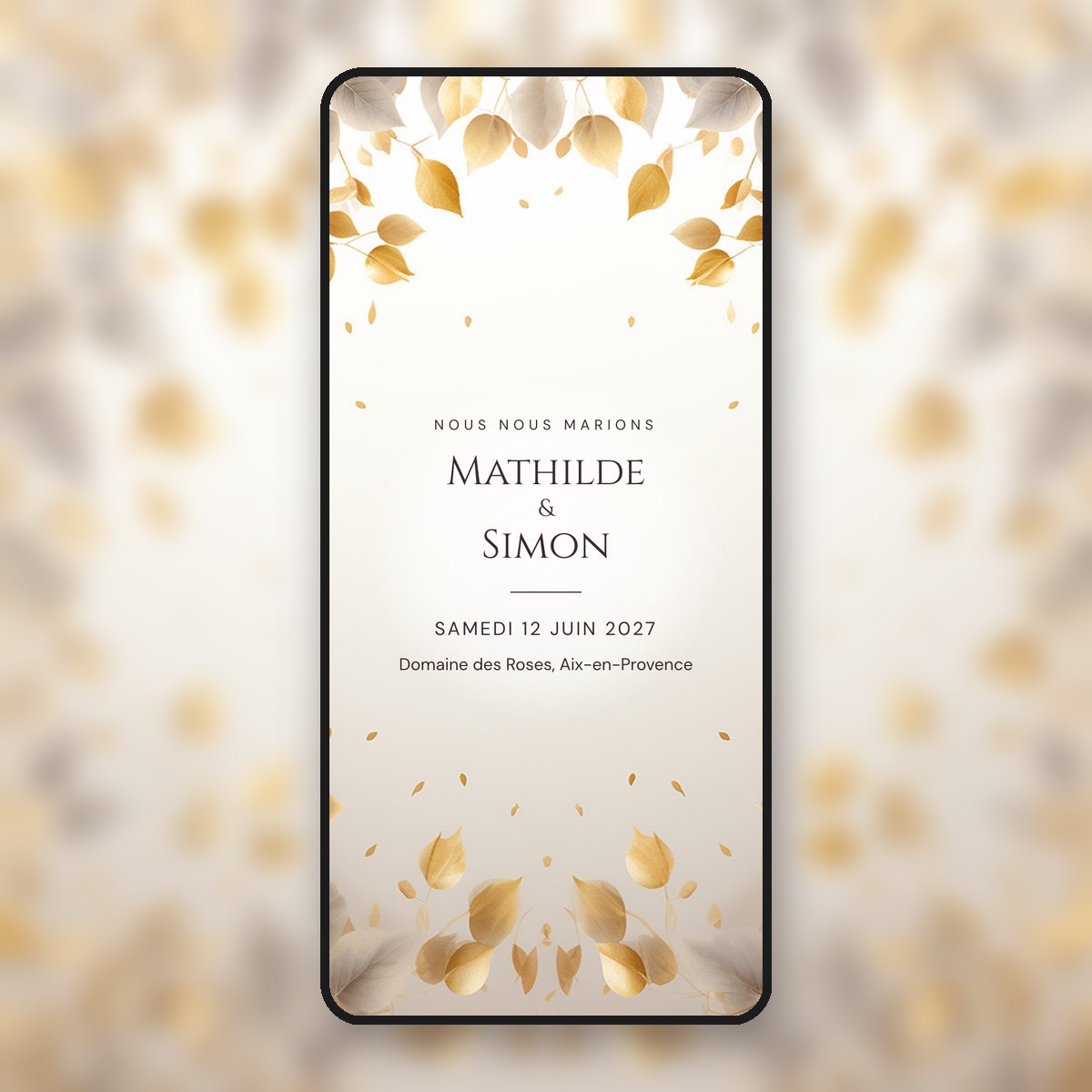 Faire-part de mariage animé Feuilles d'or, classique intemporel