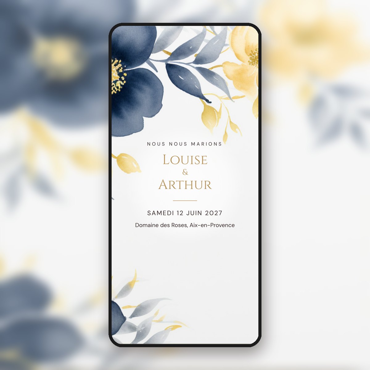 Faire-part de mariage animé Fleurs bleues & lettres d'or