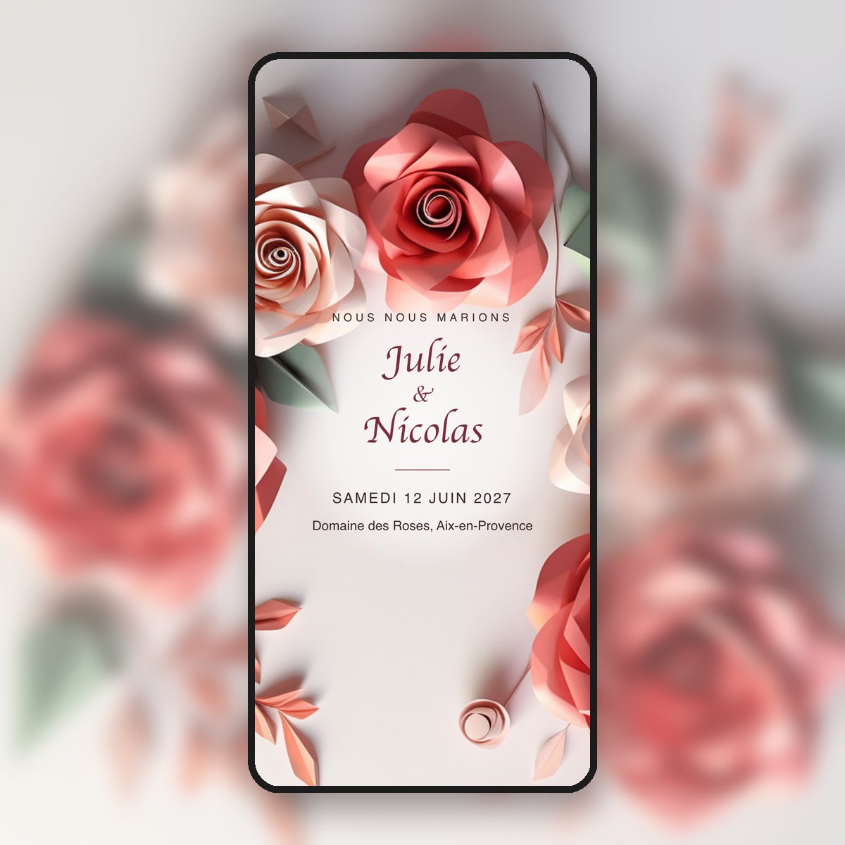Faire-part de mariage animé Roses en papier & bordeaux