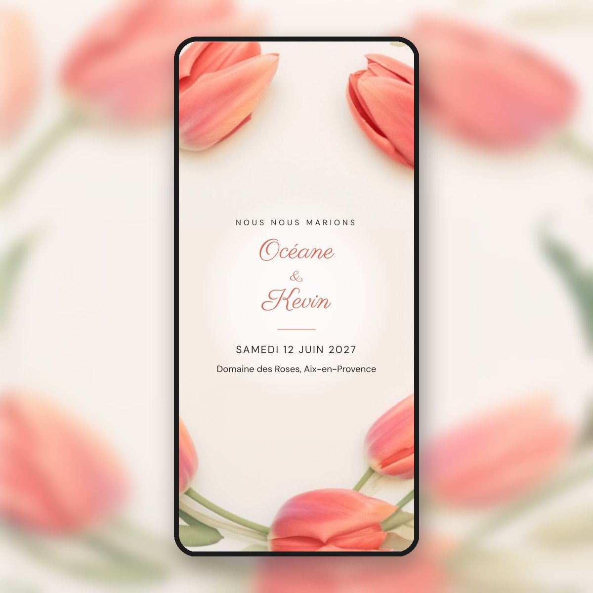 Faire-part de mariage animé Tulipes corail, frais et lumineux