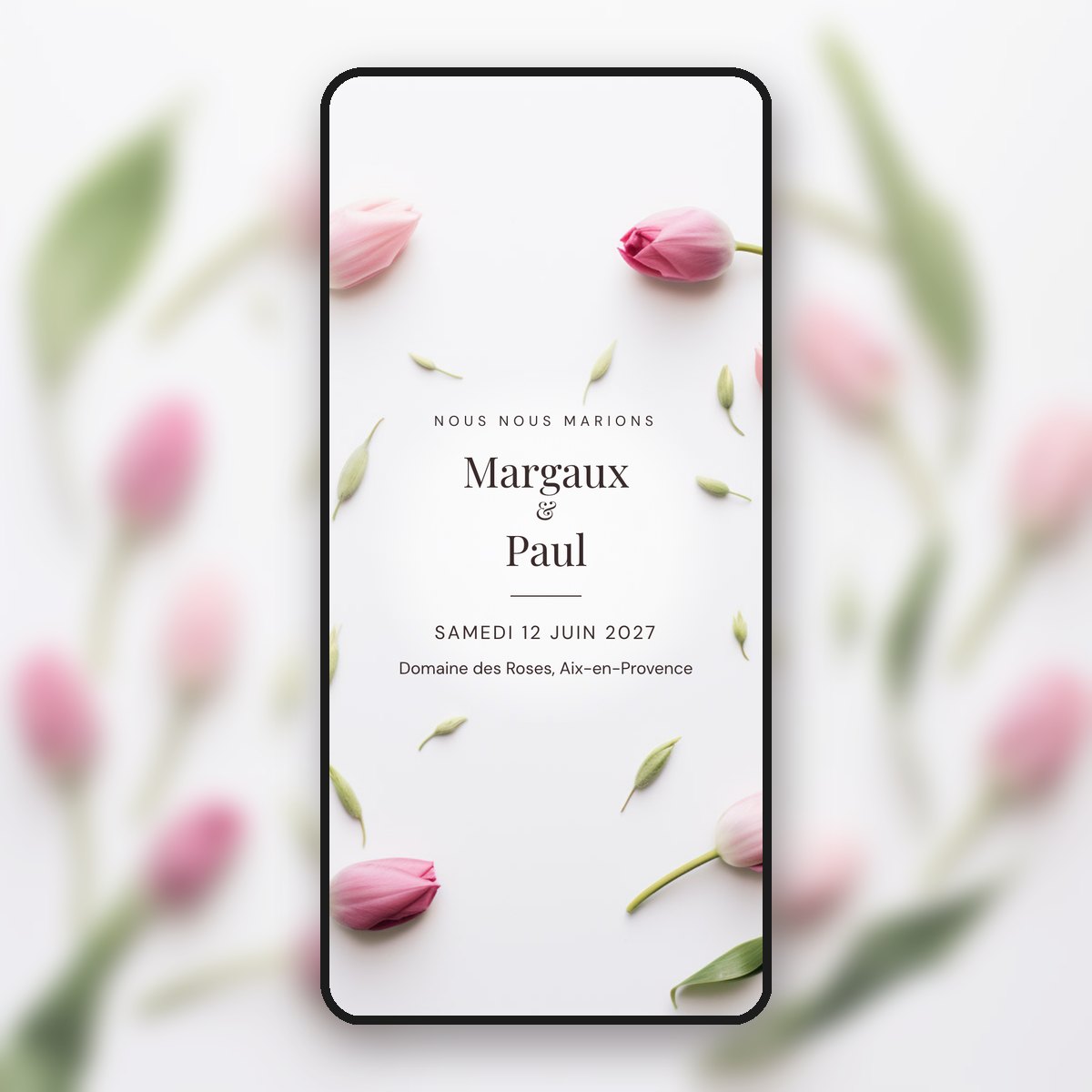 Faire-part de mariage animé Tulipes roses & typographie chic