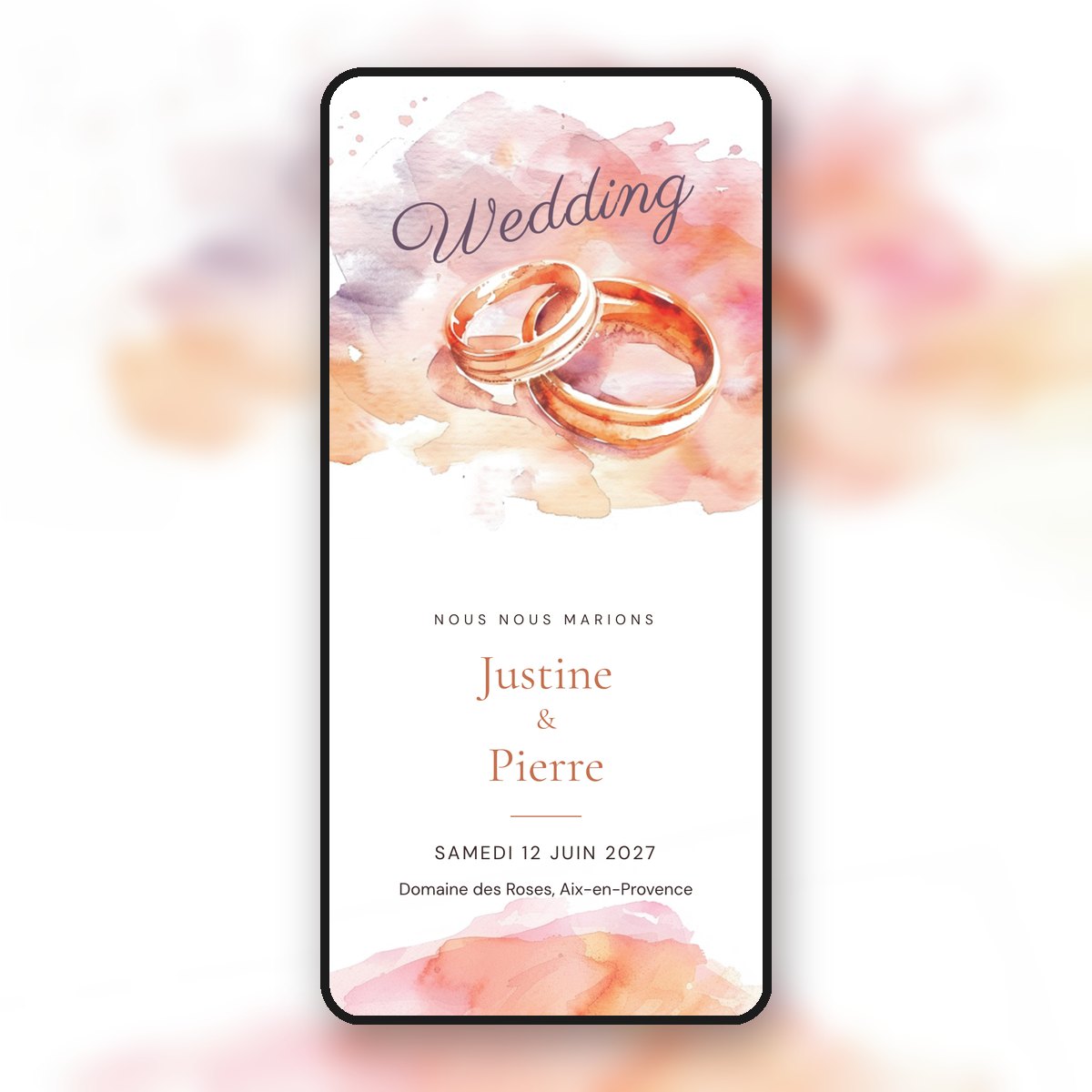 Faire-part de mariage animé « Wedding », alliances à l'aquarelle