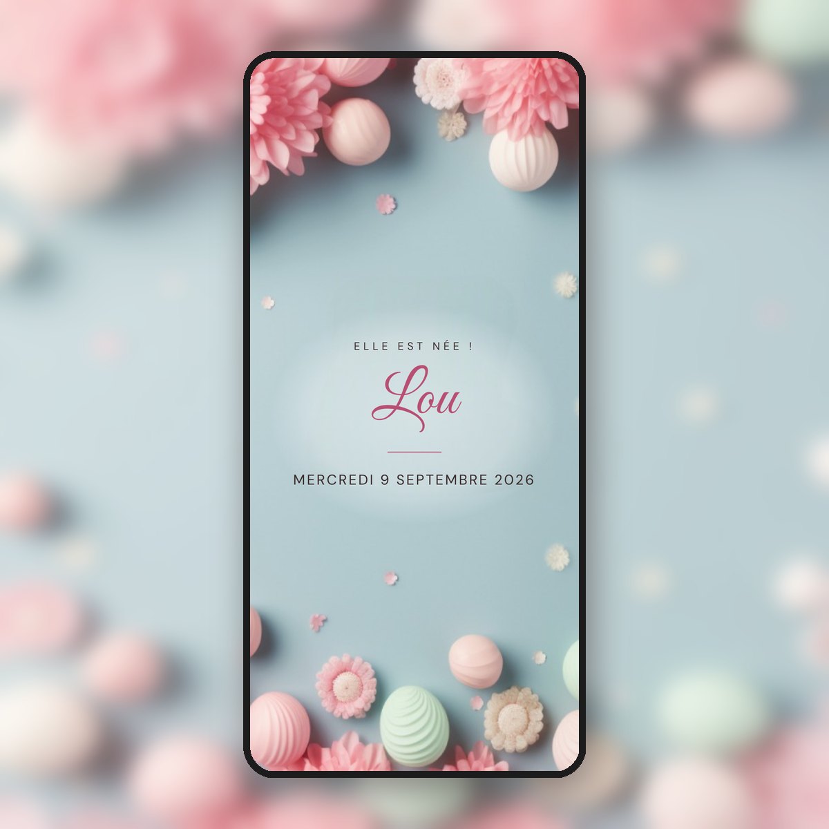 Faire-part de naissance animé Fleurs roses & douceurs pastel