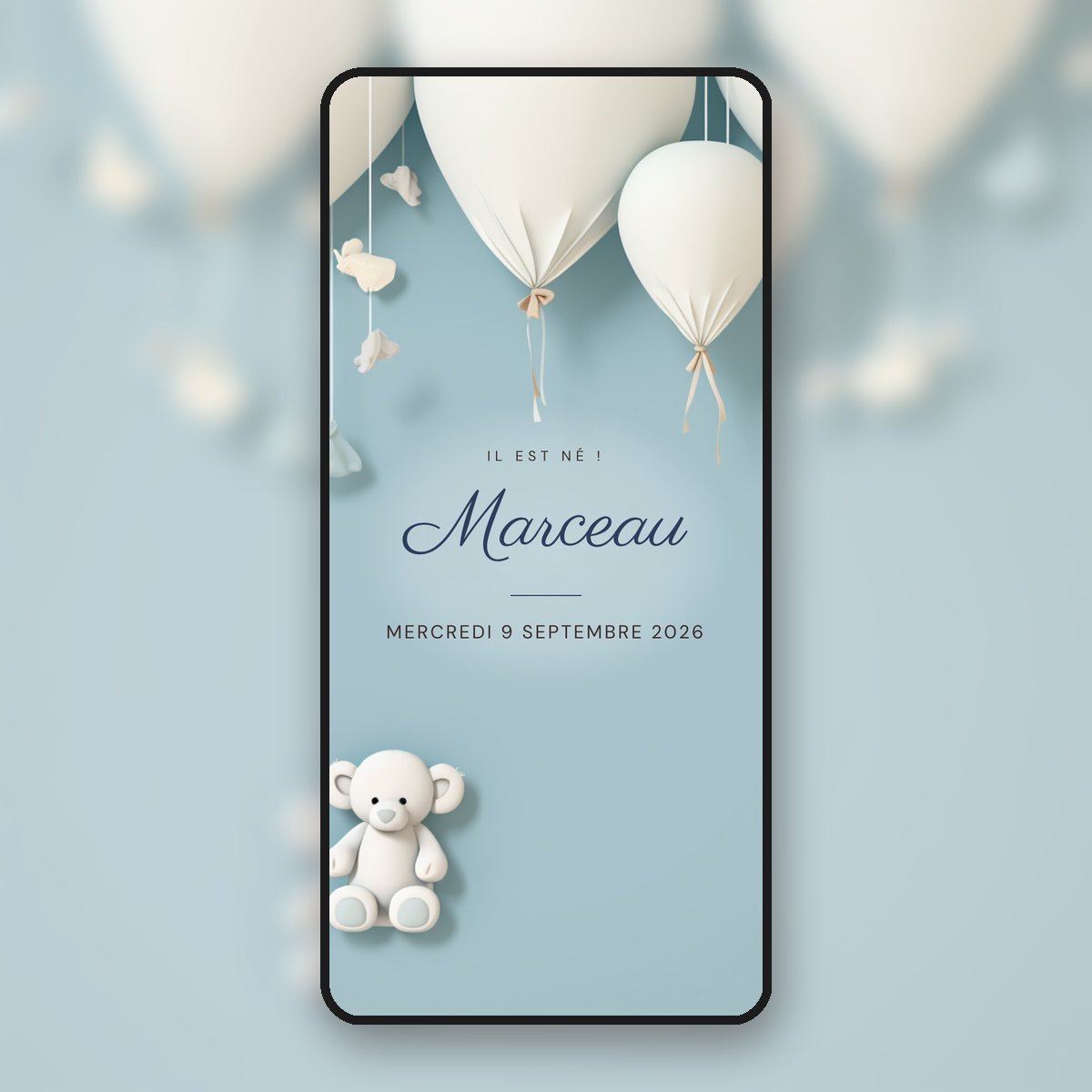 Faire-part de naissance animé Ourson & ballons bleus, calligraphié