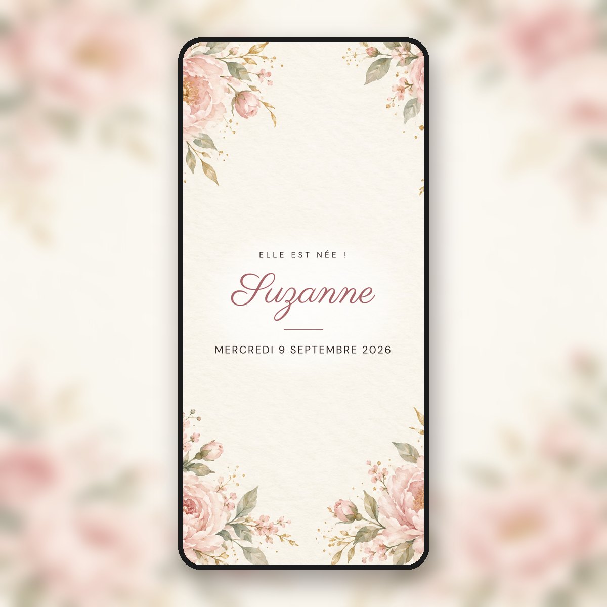 Faire-part de naissance animé Pivoines rose poudré, fille