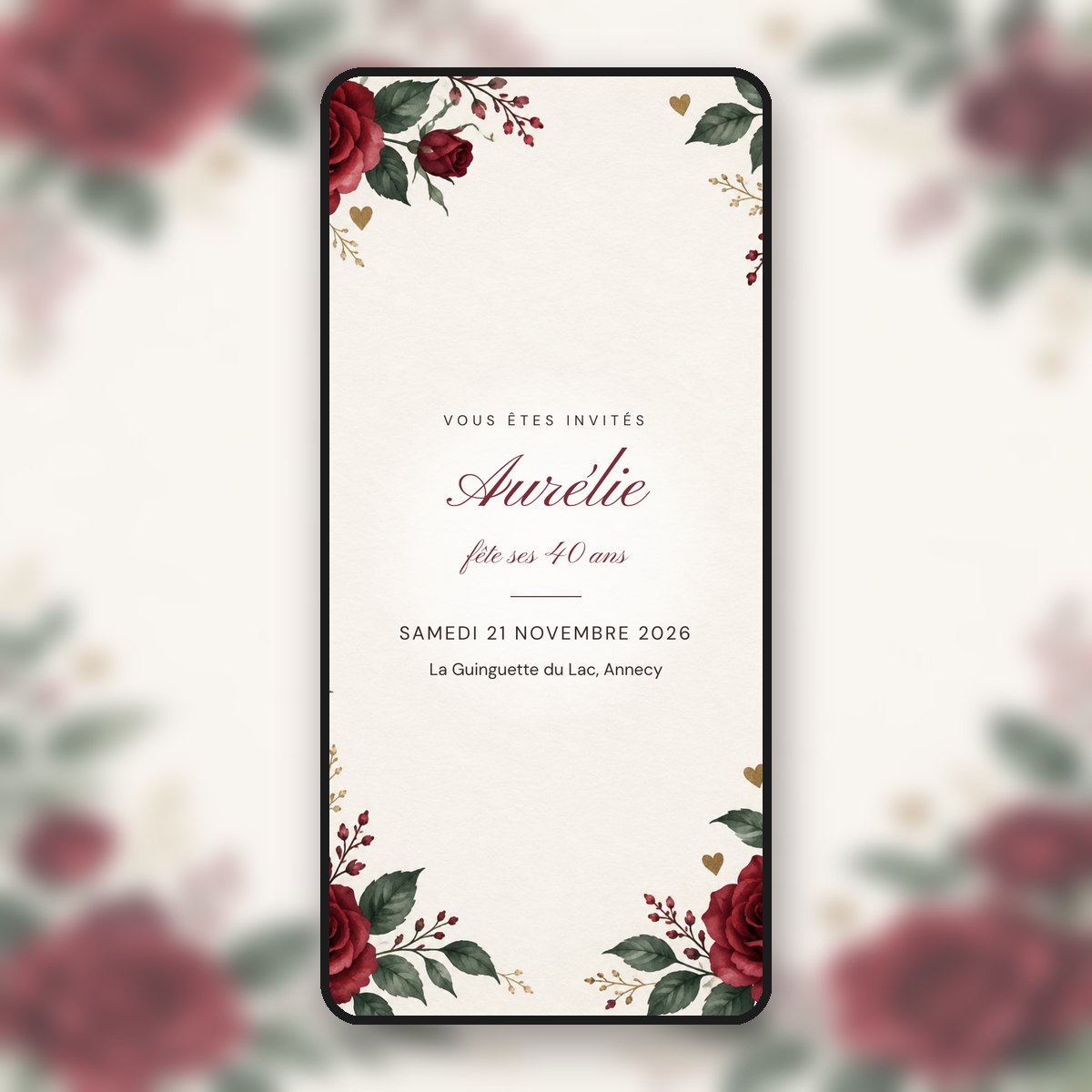 Invitation d'anniversaire animée 40 ans Roses rouges, calligraphie bordeaux