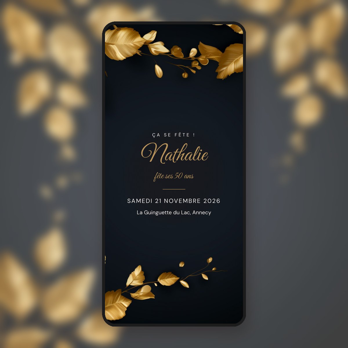 Invitation d'anniversaire animée 50 ans Noir & or, glamour