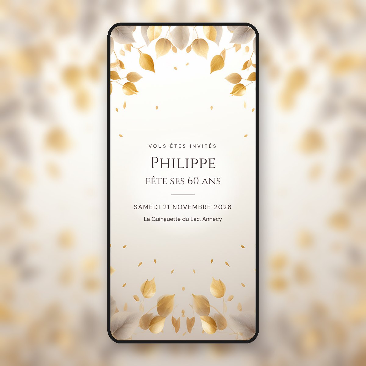 Invitation d'anniversaire animée 60 ans Feuilles d'or, sobre et chic