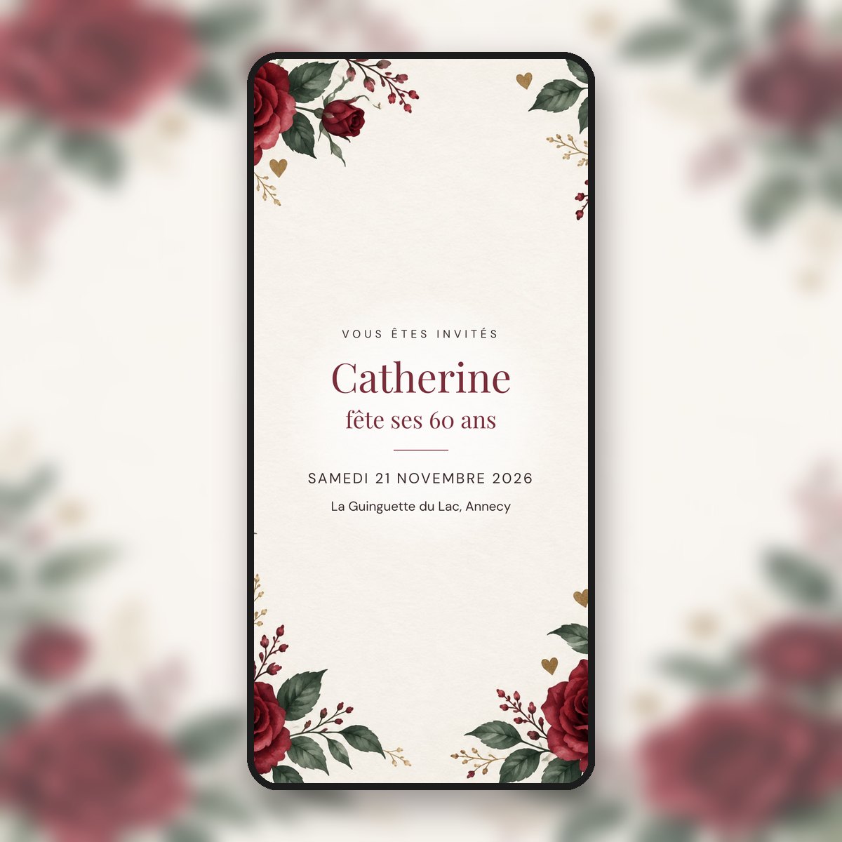 Invitation d'anniversaire animée 60 ans Roses rouges & or