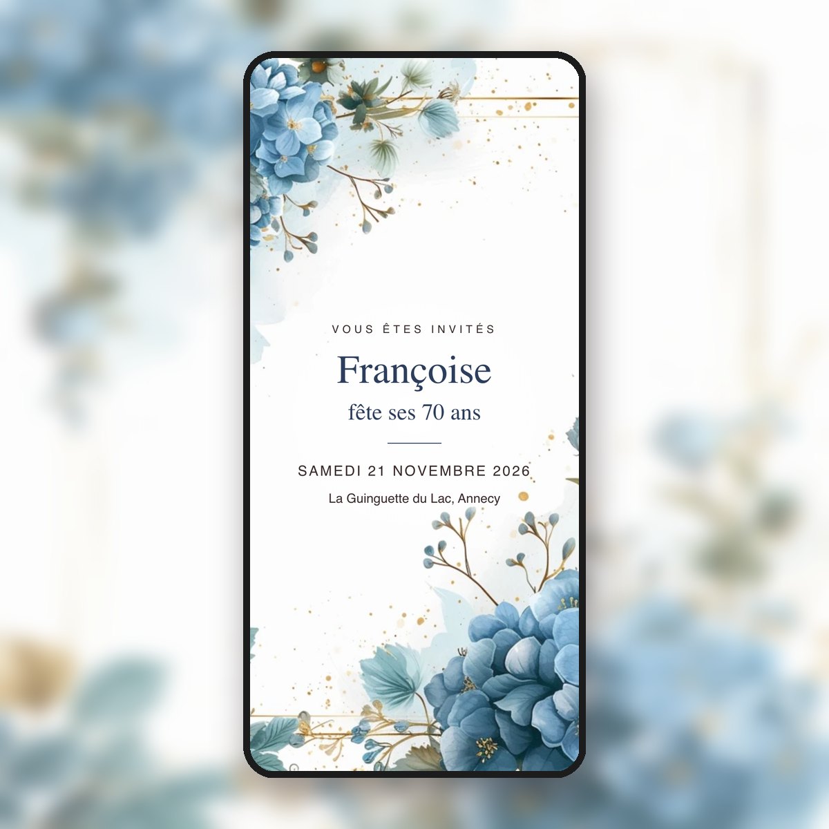 Invitation d'anniversaire animée 70 ans Hortensias bleus & filet doré