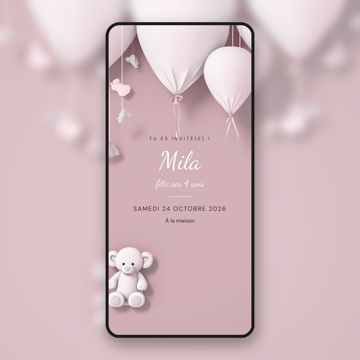 Invitation d'anniversaire animée enfant Ballons roses & ourson