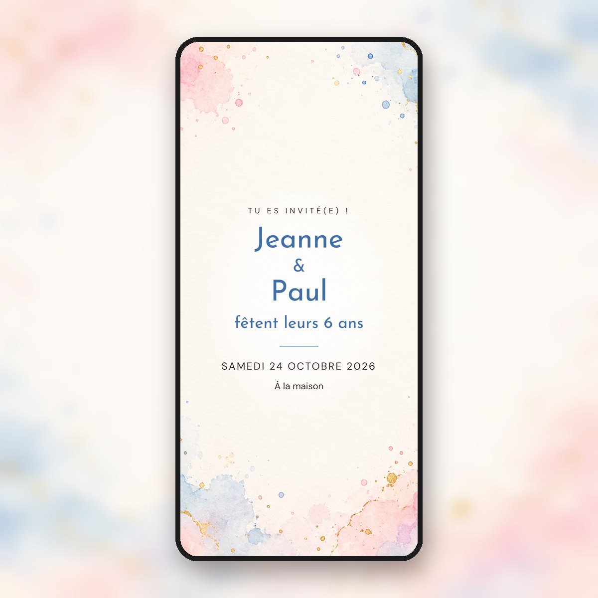 Invitation d'anniversaire animée enfant Jumeaux, aquarelle rose & bleu