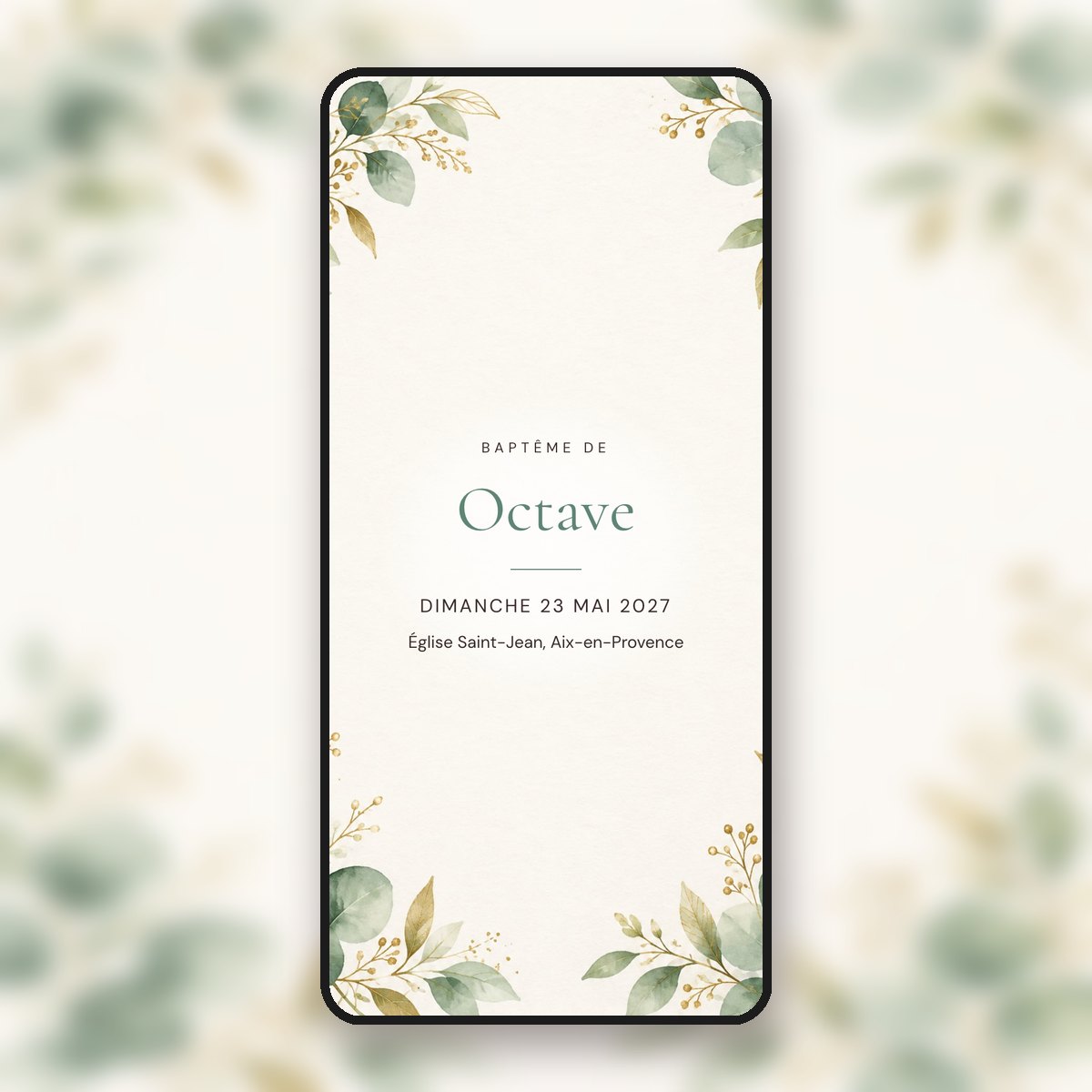 Invitation de baptême animée Eucalyptus & or, typographie classique