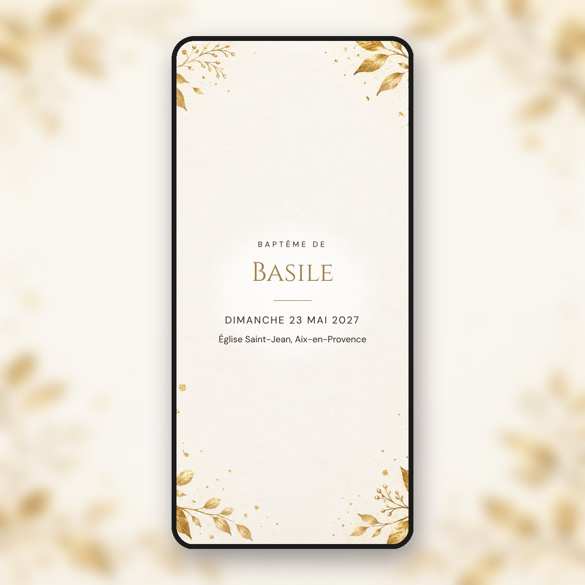 Invitation de baptême animée Feuillage doré, classique chic