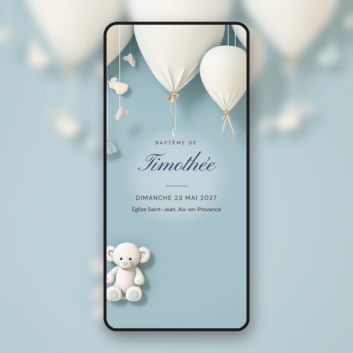 Invitation de baptême animée Ourson & ballons, bleu ciel
