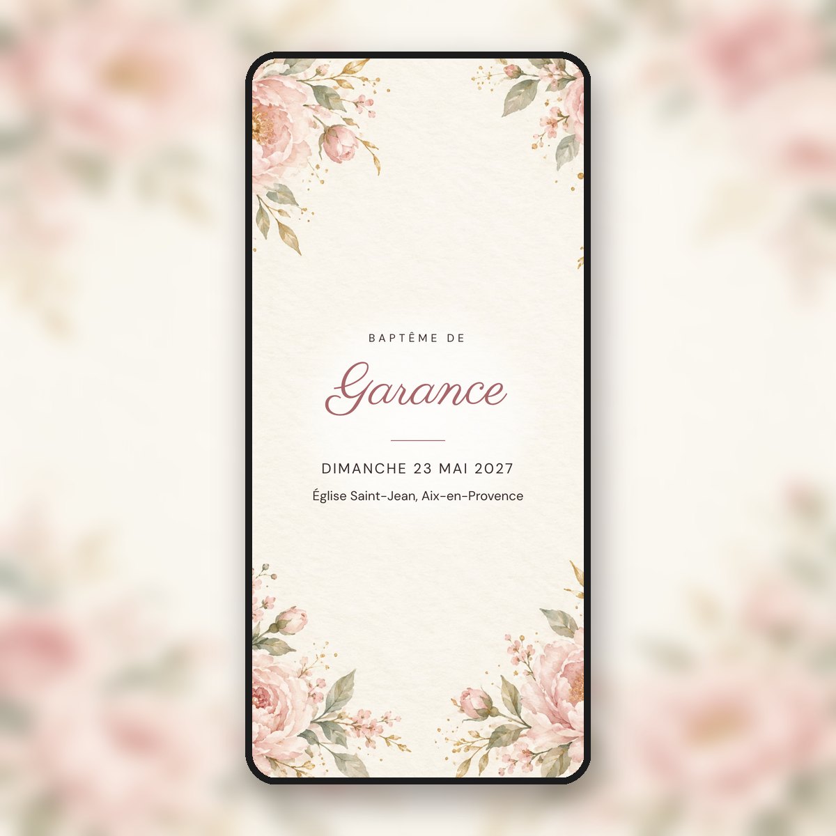 Invitation de baptême animée Pivoines & calligraphie, fille