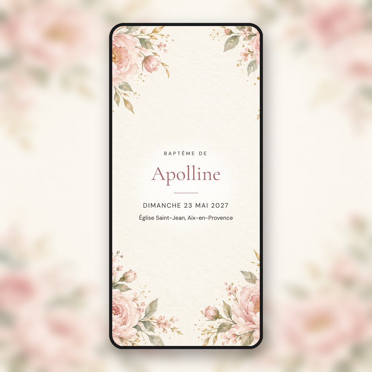 Invitation de baptême animée Pivoines rose poudré, raffinée