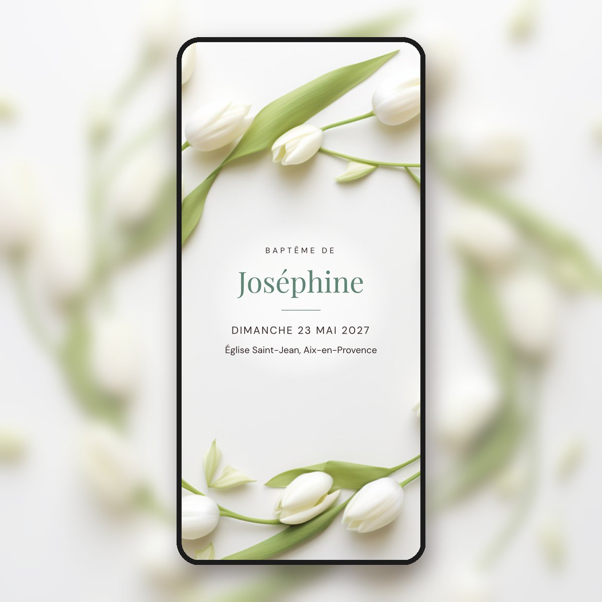 Invitation de baptême animée Tulipes blanches, épurée