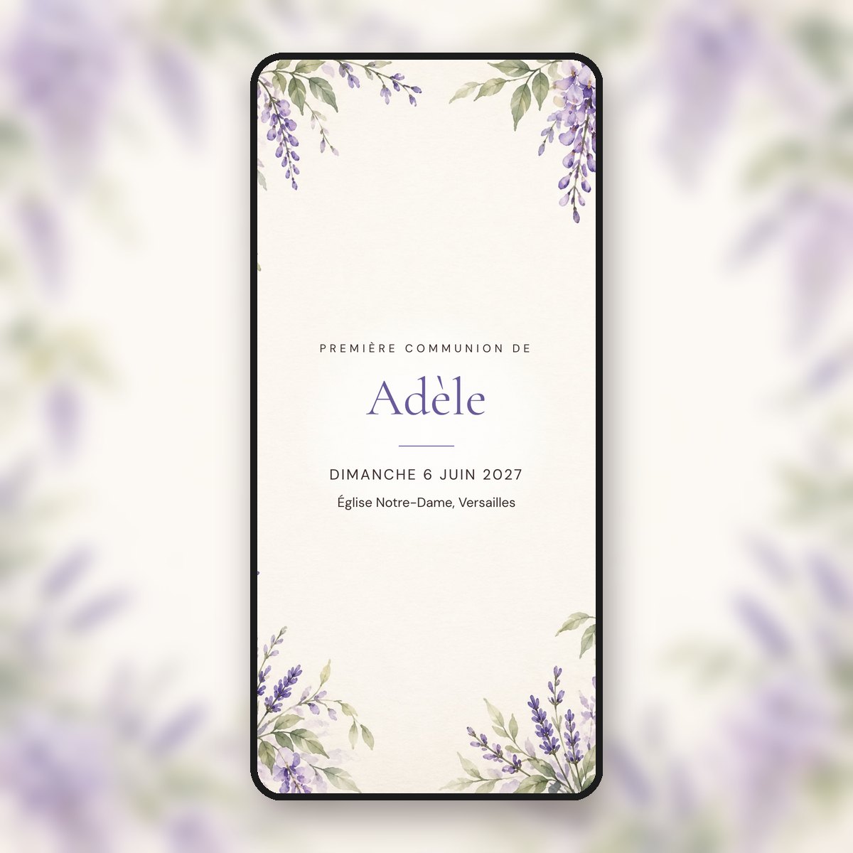 Invitation de communion animée Glycine mauve, typographie classique