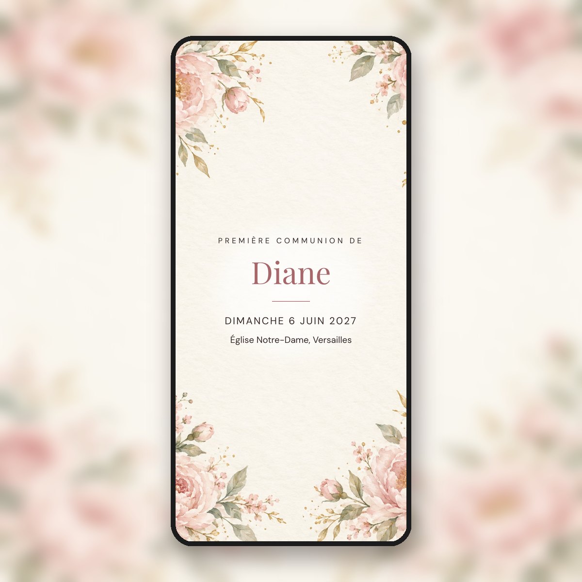 Invitation de communion animée Pivoines rose poudré, élégante