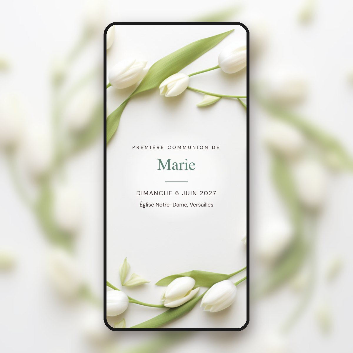Invitation de communion animée Tulipes blanches & capitales