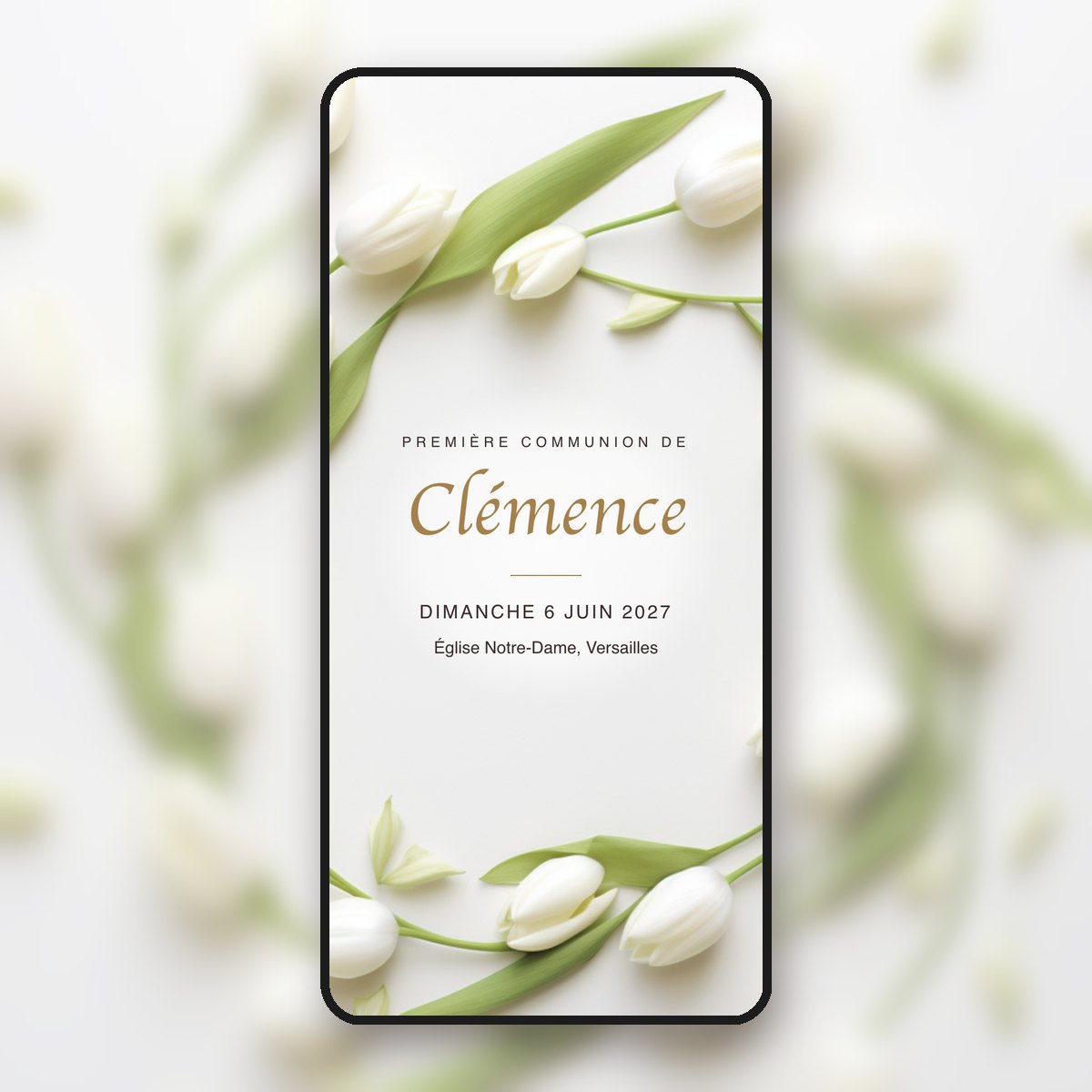 Invitation de communion animée Tulipes blanches, tout en lumière