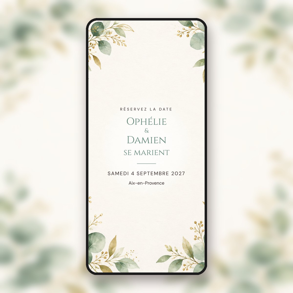 Save-the-date animé Eucalyptus & or, capitales gravées