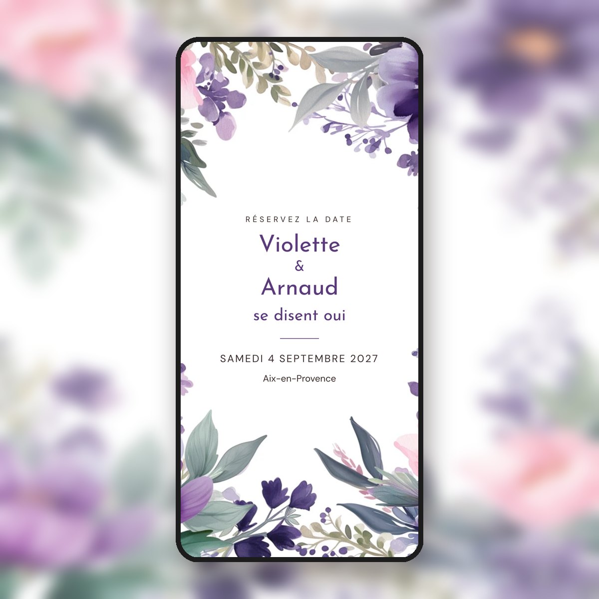 Save-the-date animé Fleurs violettes & prune, graphique