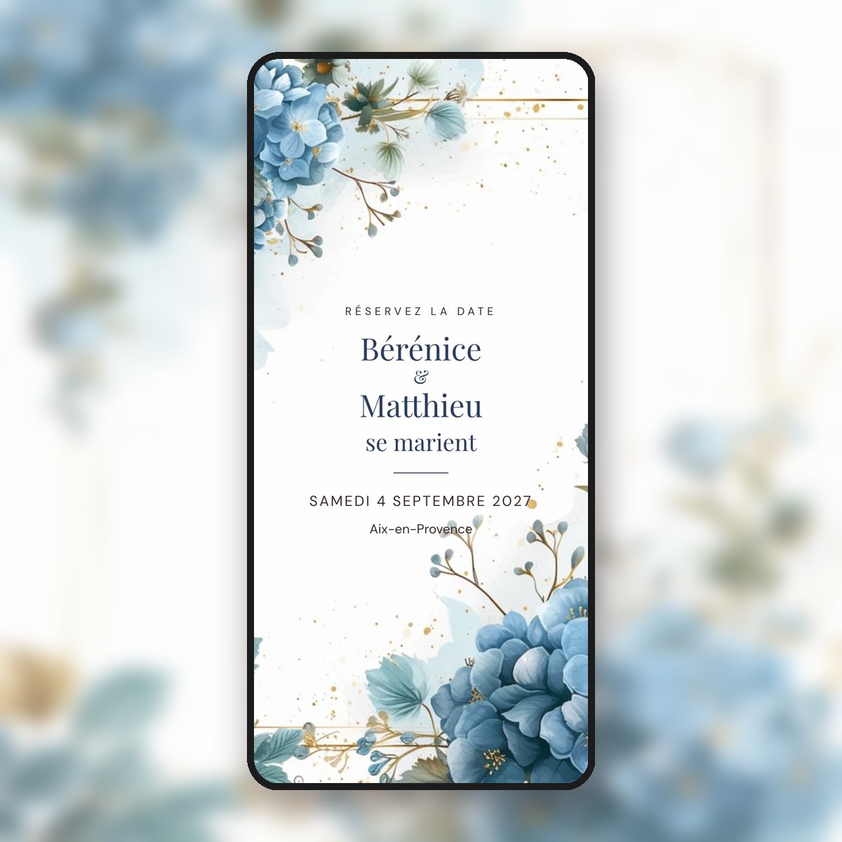 Save-the-date animé Hortensias bleus & cadre doré