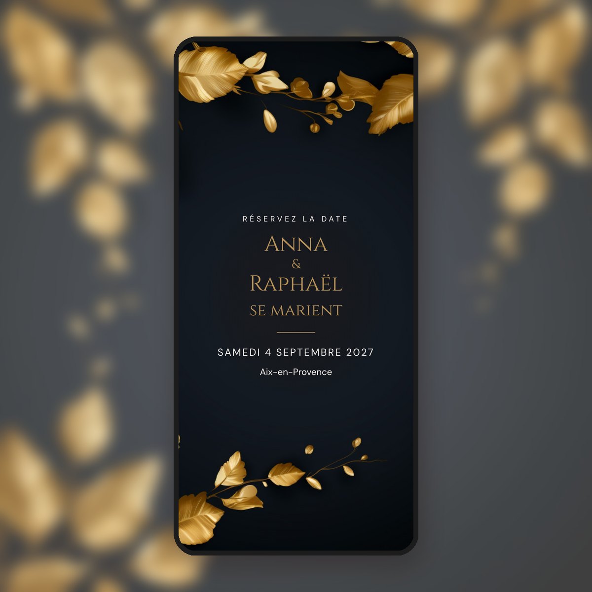 Save-the-date animé Noir et or, feuilles dorées