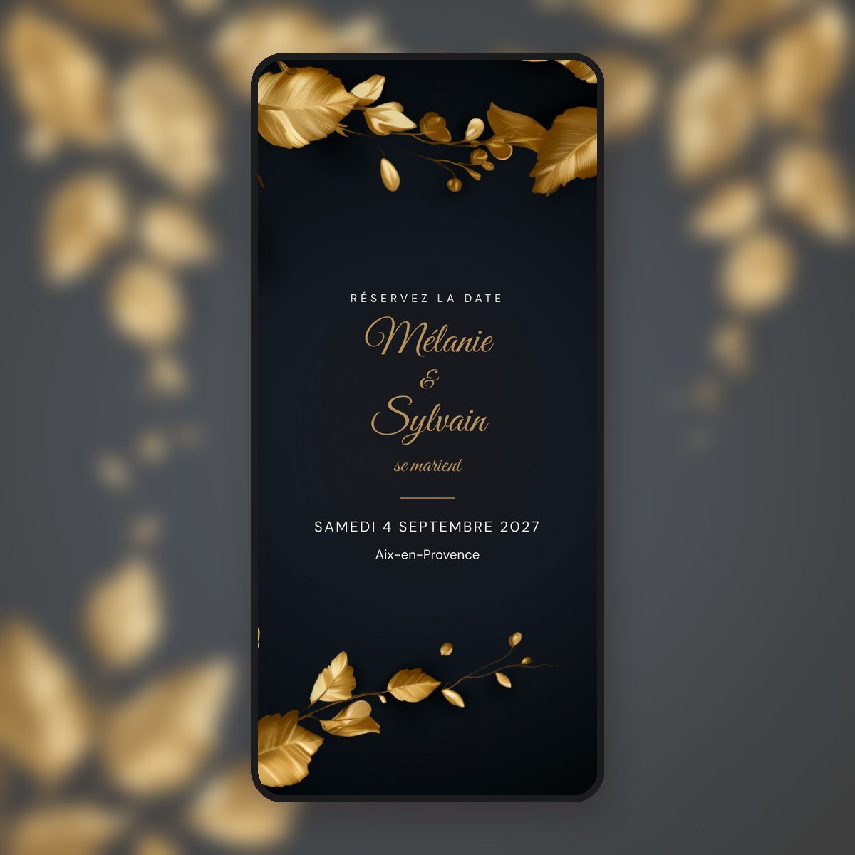 Save-the-date animé Noir & or glamour, calligraphie dorée