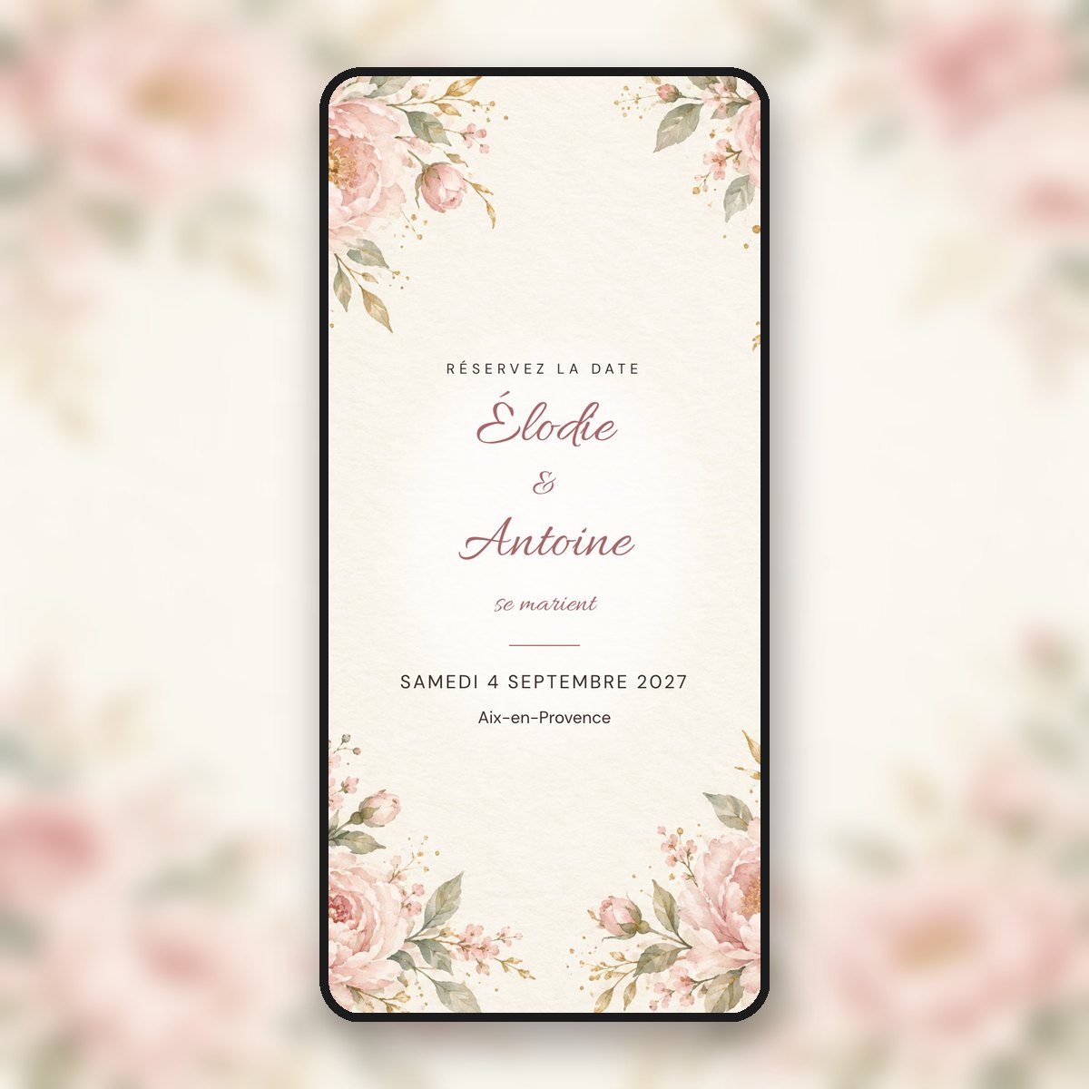 Save-the-date animé Pivoines rose poudré, romantique