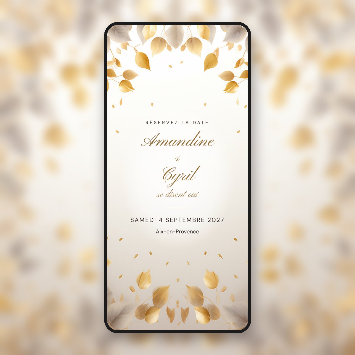 Save-the-date animé Pluie de feuilles d'or, calligraphié