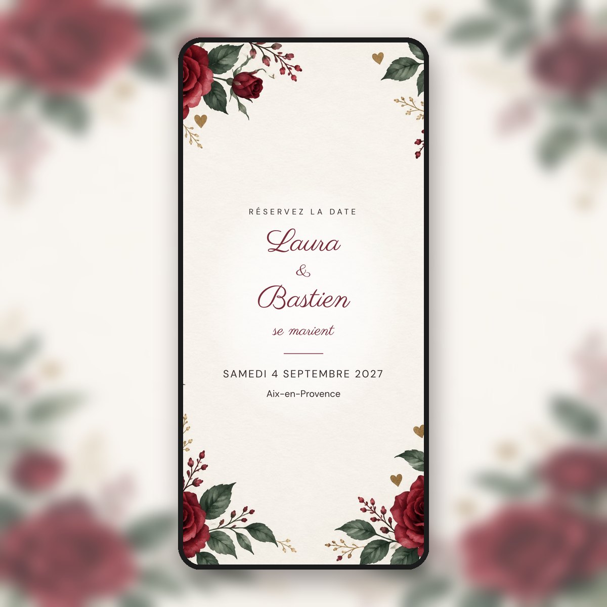 Save-the-date animé Roses rouges & cœurs dorés